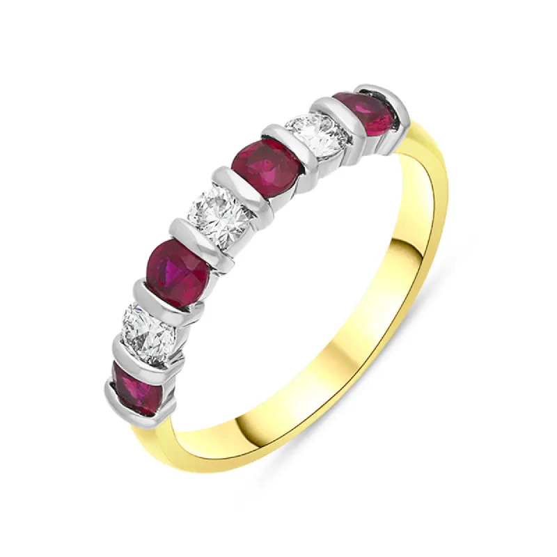 18ct Yellow Gold Ruby Diamond Seven Stone Bar Set Ring sold by Jura Watches