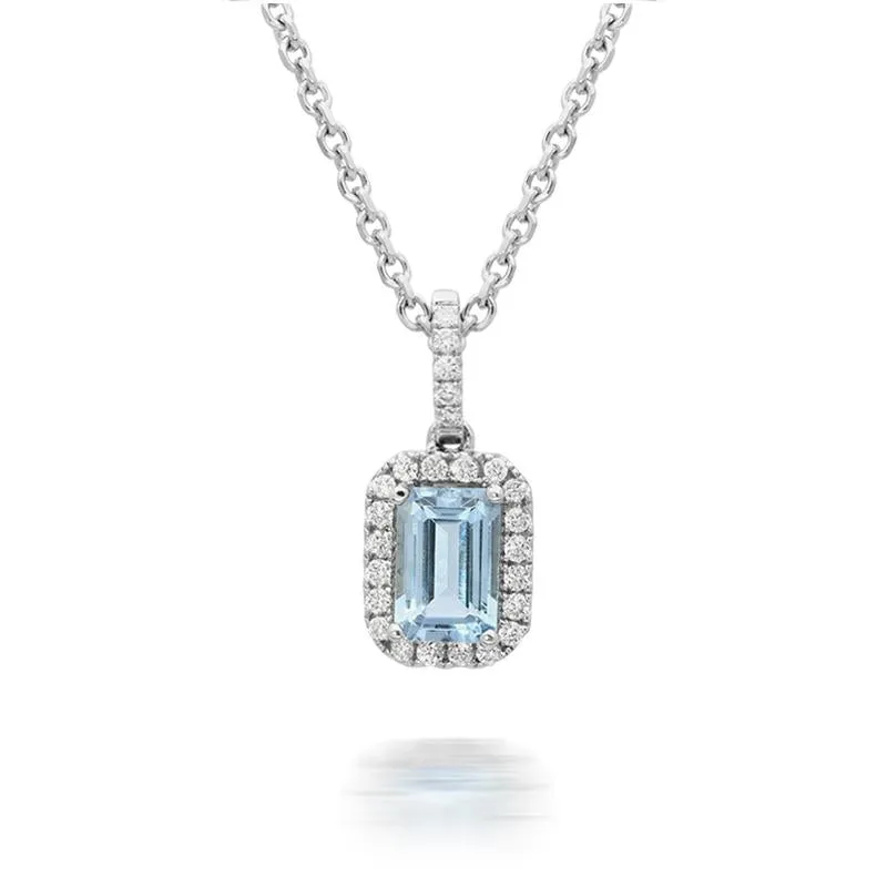 18ct White Gold 0.58ct Aquamarine Diamond Cluster Necklace D sold by Jura Watches