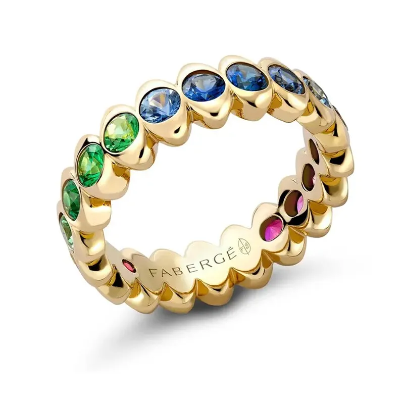 Faberge Colours of Love Cosmic Curve 18ct Yellow Gold Rainbow Multicoloured Gemstone Eternity Ring sold by Jura Watches