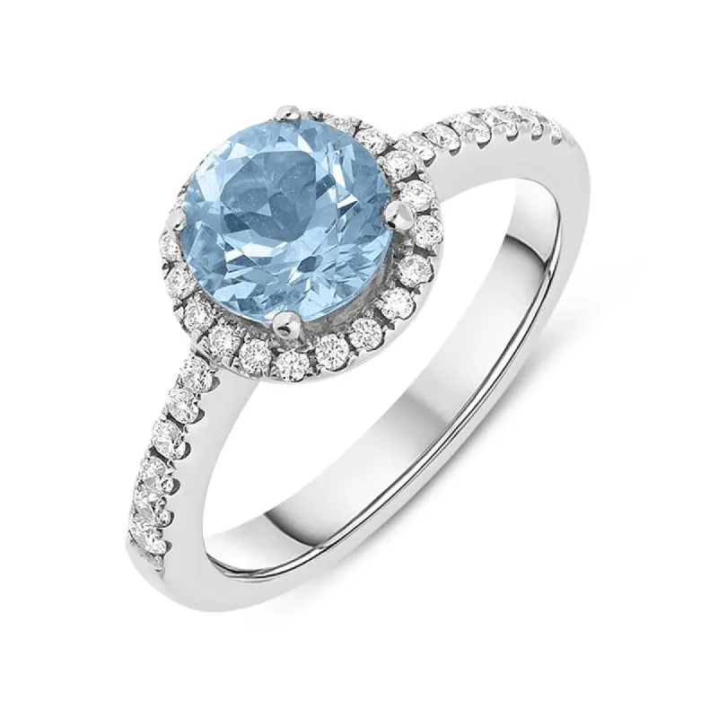 18ct White Gold 1.32ct Aquamarine Diamond Halo Ring sold by Jura Watches