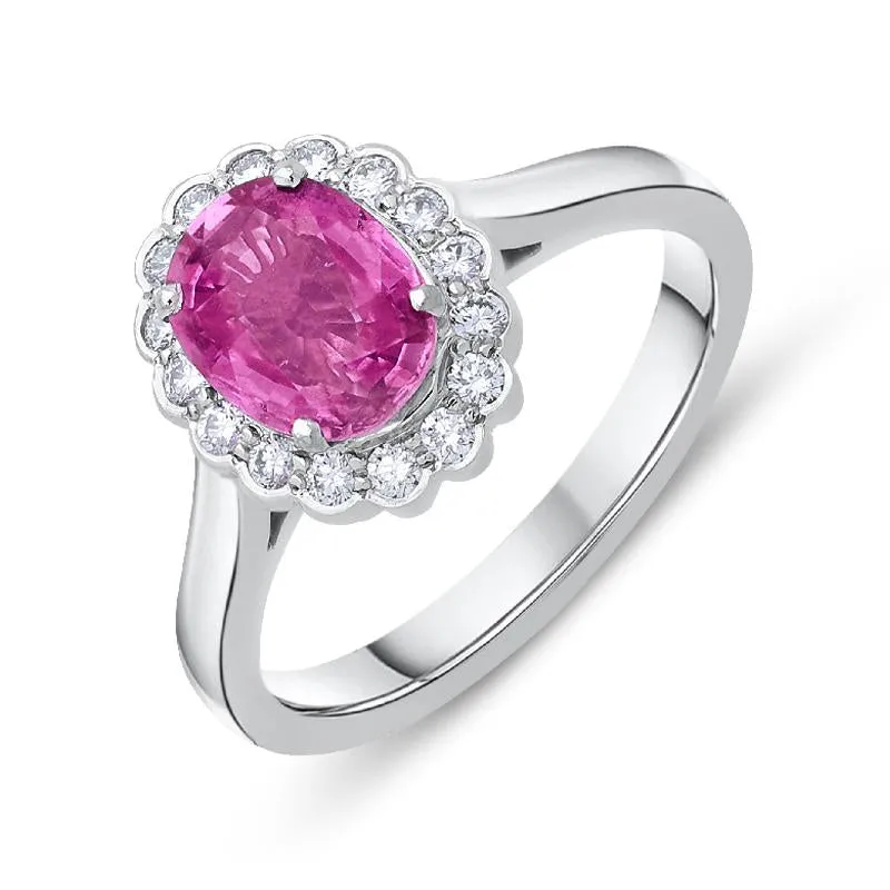 18ct White Gold 1.43ct Pink Sapphire Diamond Cluster Ring sold by Jura Watches