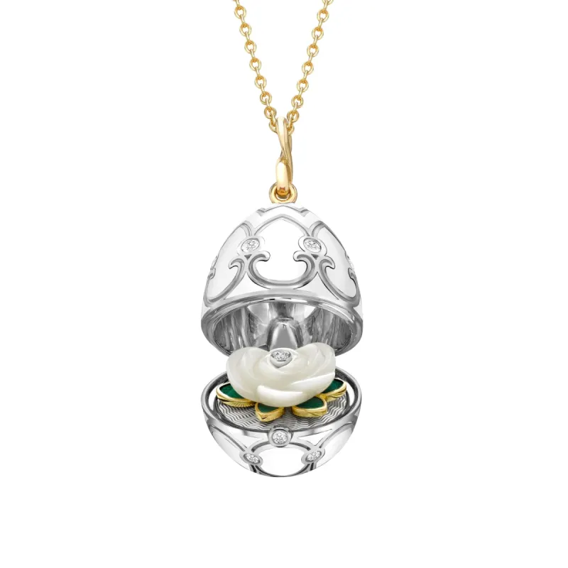 Faberge Heritage 18ct Gold White Enamel Locket with Mother of Pearl Flower Surprise sold by Jura Watches