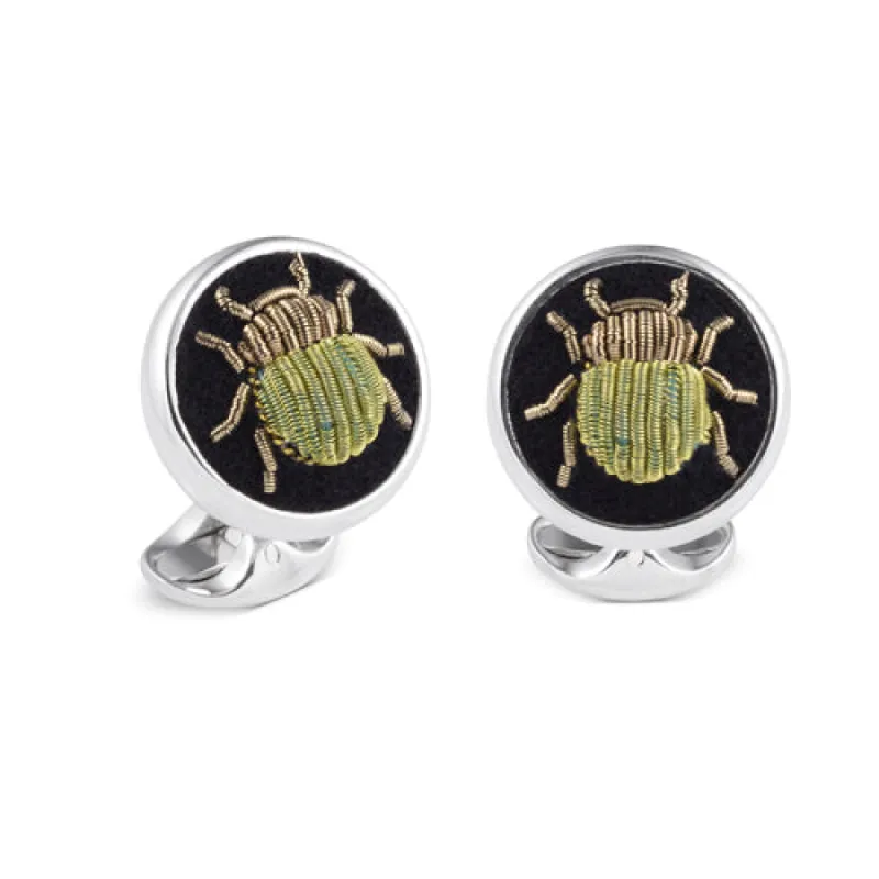 Deakin & Francis Cufflinks Sterling Silver Embroidered Green And Gold Bug sold by Jura Watches