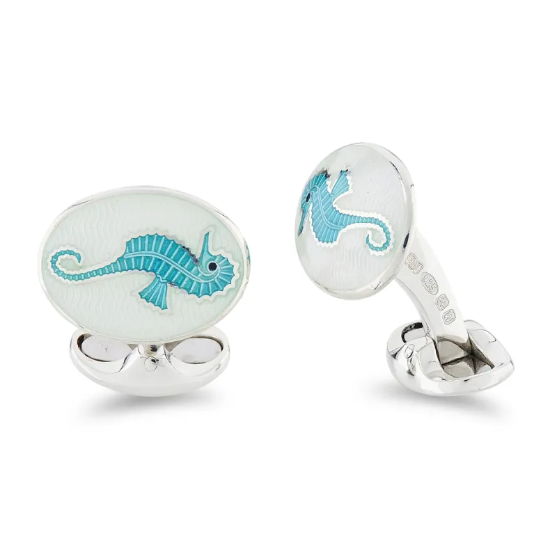 Deakin & Francis Cufflinks Sterling Silver Clear And Turquoise Enamel Seahorse sold by Jura Watches