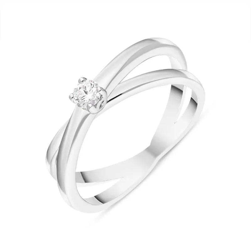 18ct White Gold Diamond Round Brilliant Cut Solitaire Crossover Ring sold by Jura Watches