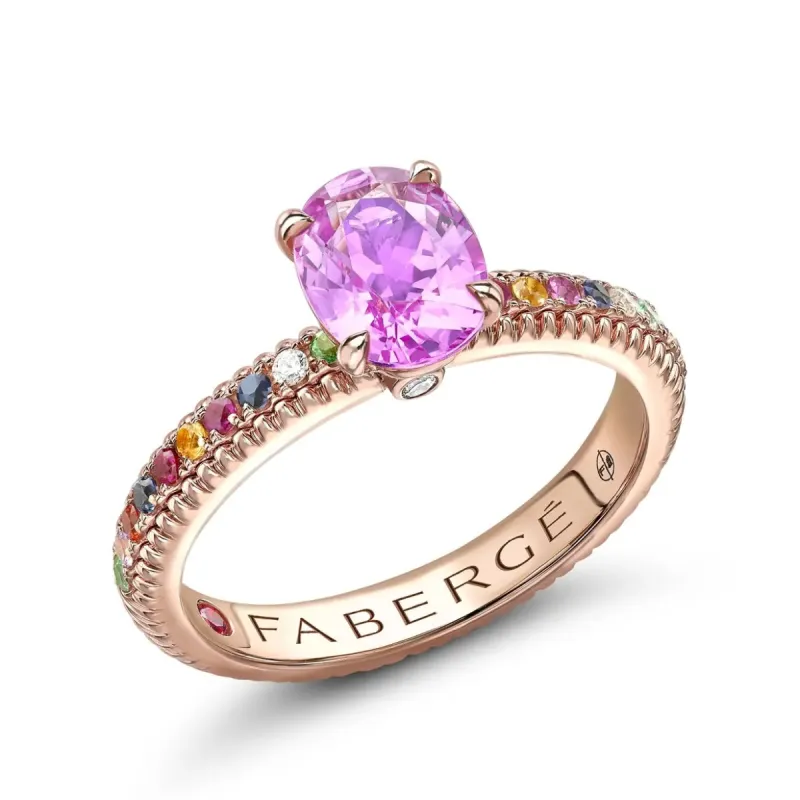 Faberge Colours of Love 18ct Rose Gold Pink Sapphire Multi Gemstone Fluted Ring sold by Jura Watches