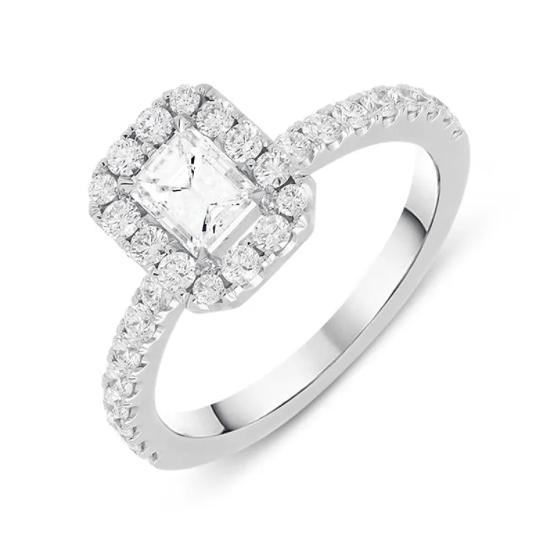 18ct White Gold 1.06ct Diamond Emerald Cut Halo Ring sold by Jura Watches