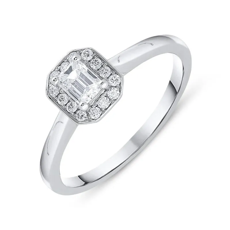 Platinum 0.46ct Diamond Emerald Cut Halo Ring sold by Jura Watches