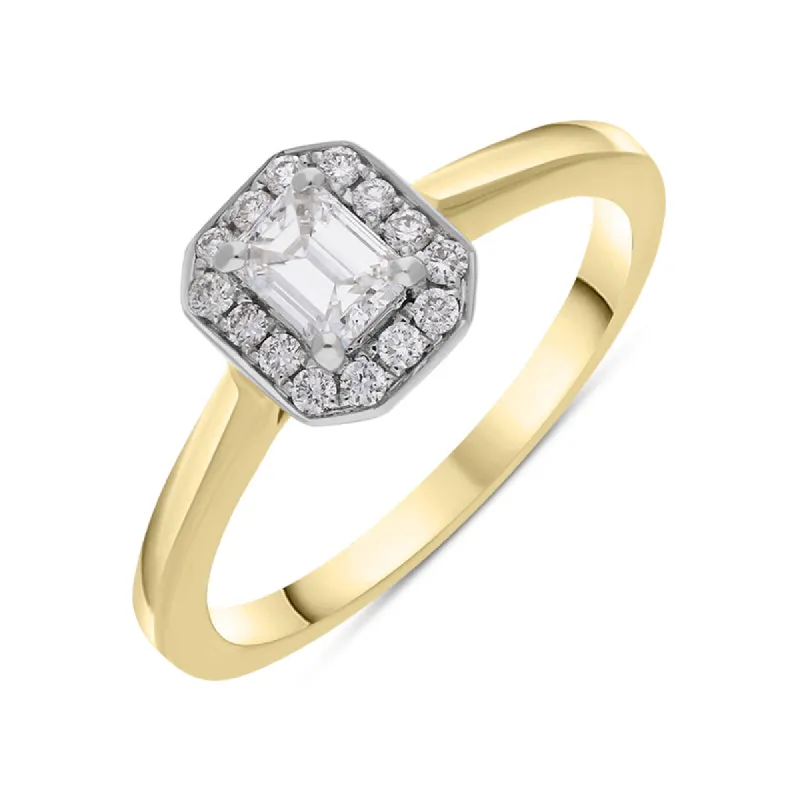 18ct Yellow Gold 0.49ct Diamond Emerald Cut Halo Ring sold by Jura Watches