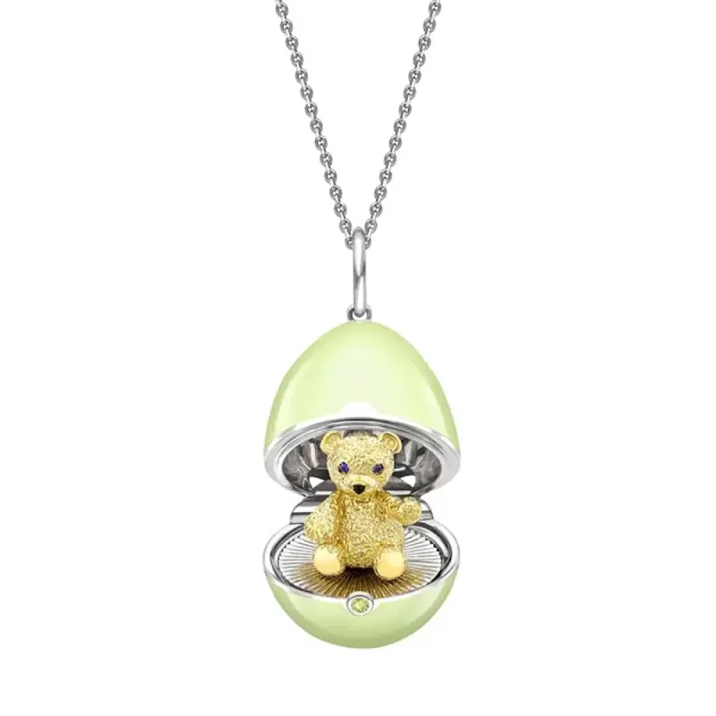 Faberge Essence 18ct White and Yellow Gold Sapphire Green Lacquer Teddy Surprise Locket sold by Jura Watches