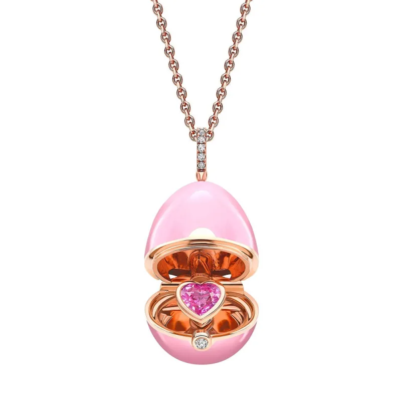 Faberge Essence 18ct Rose Gold Diamond Sapphire Pink Lacquer Heart Surprise Locket sold by Jura Watches
