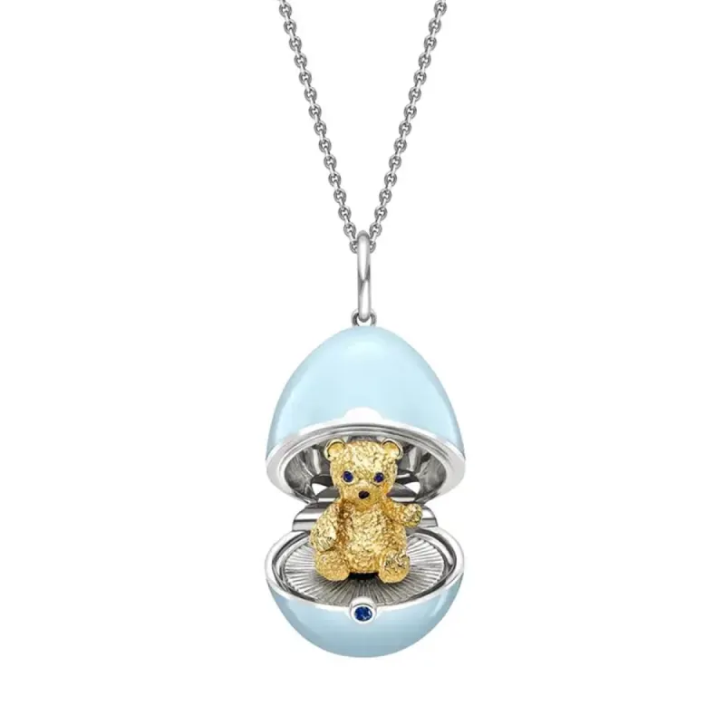 Faberge Essence 18ct White and Yellow Gold Sapphire Blue Lacquer Teddy Surprise Locket sold by Jura Watches