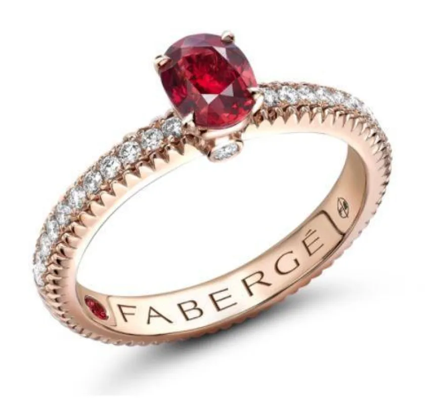 Faberge Colours of Love 18ct Rose Gold Ruby Diamond Fluted Ring sold by Jura Watches