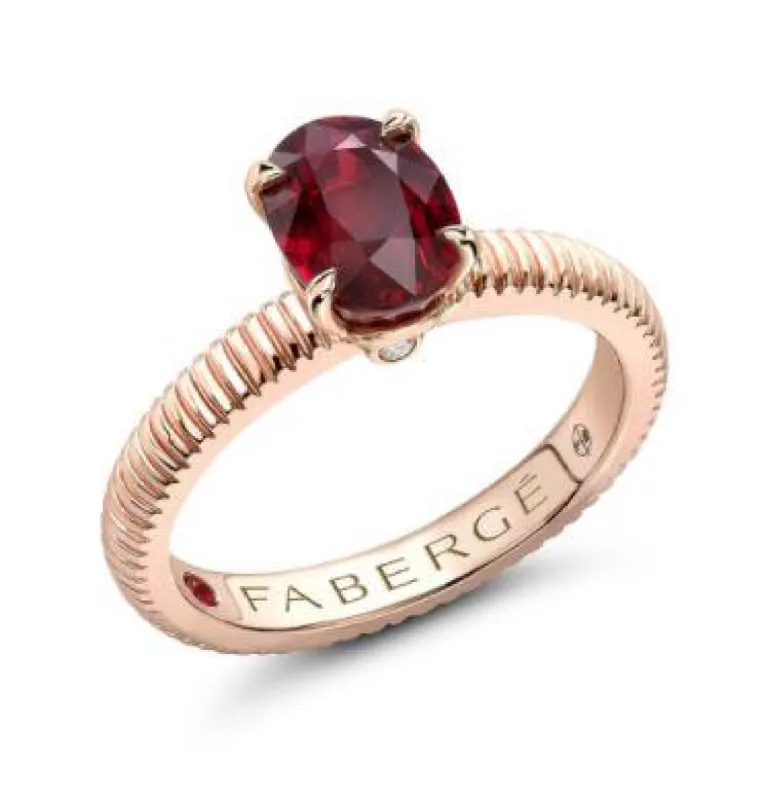 Faberge Colours of Love 18ct Rose Gold Ruby Diamond Fluted Ring sold by Jura Watches