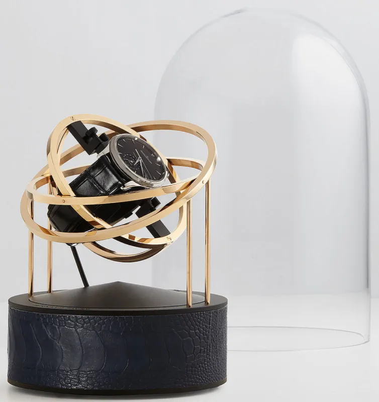 Bernard Favre Watch Winder Gold Rings Black Base & Black Ostrich Leather Limited Edition made by Jura Watches