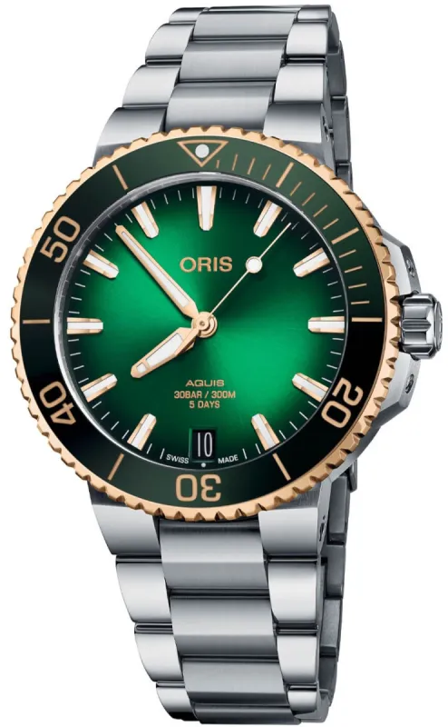 Oris Aquis Date Calibre 400 Bi-Colour Green Bracelet sold by Jura Watches