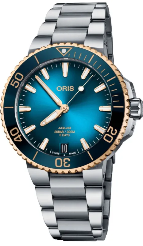 Oris Aquis Date Calibre 400 Bi-Colour Blue Bracelet sold by Jura Watches