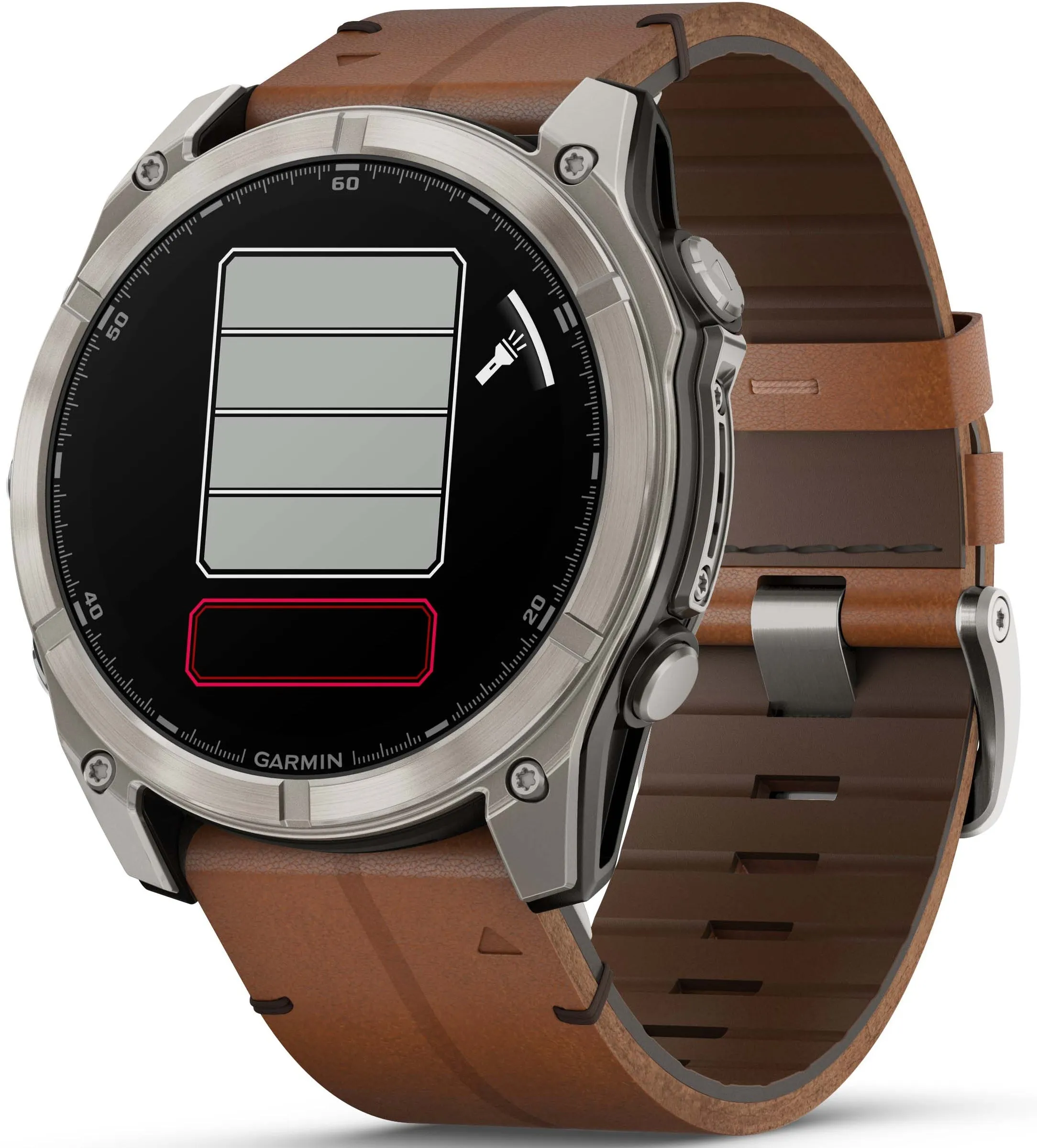 Garmin Fenix 8 51mm Sapphire AMOLED Titanium Chestnut Leather Band Watch sold by Jura Watches