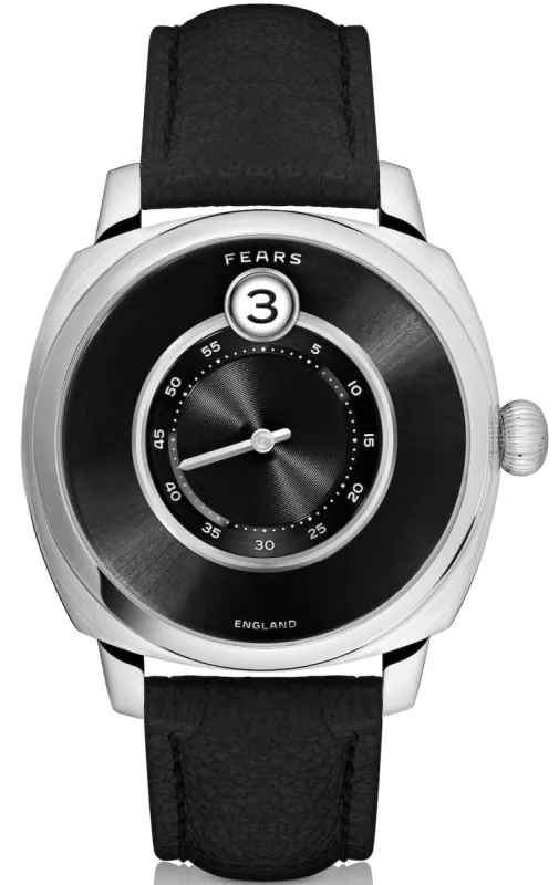 Fears Brunswick 40.5 Jump Hour Raven Black Leather Watch made by Jura Watches