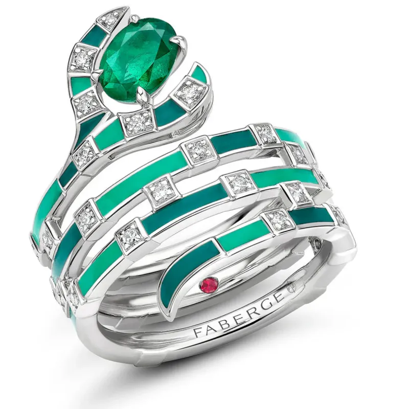 Faberge x Beetlejuice Beetlejuice 18ct White Gold Emerald Green Enamel Sandworm Spiral Wrap Ring sold by Jura Watches