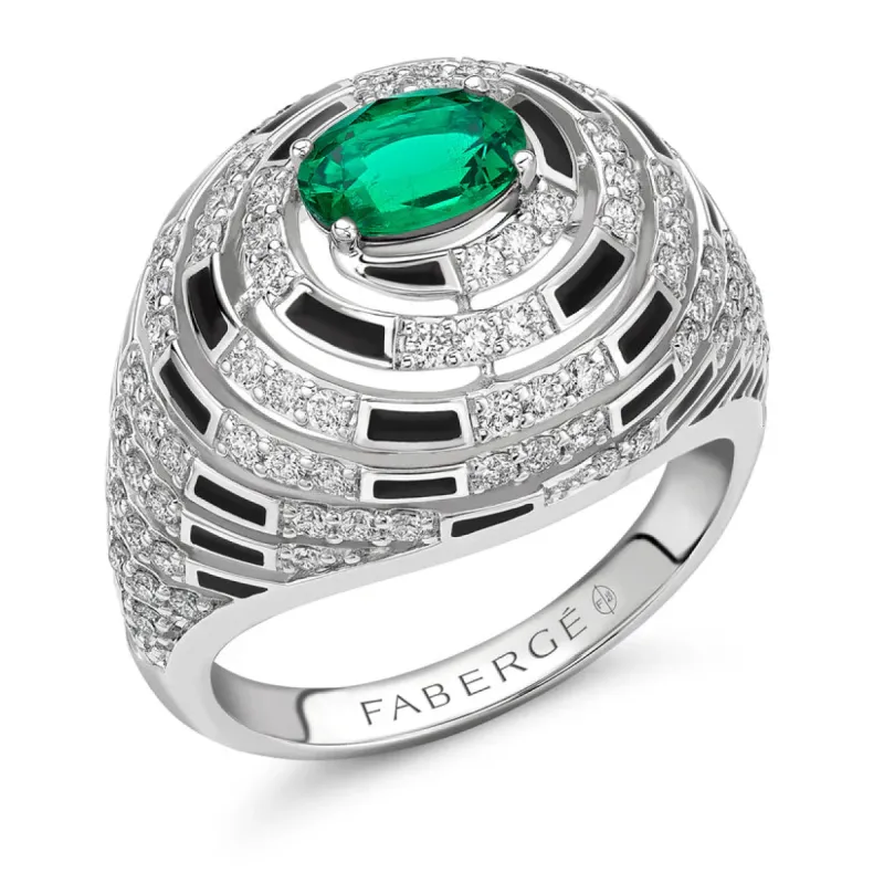 Faberge x Beetlejuice Beetlejuice 18ct White Gold Emerald Diamond and Black Enamel Spiral Bombe Ring sold by Jura Watches