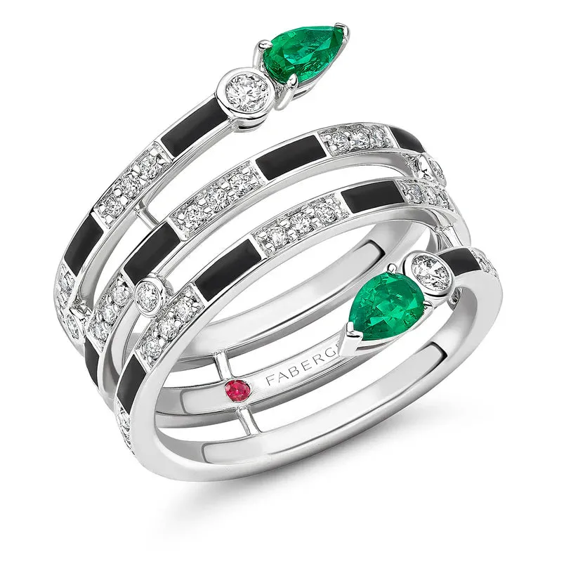 Faberge x Beetlejuice Beetlejuice 18ct White Gold Emerald Black Enamel Spiral Wrap Ring sold by Jura Watches