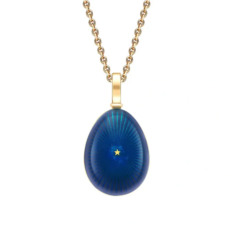 Faberge Heritage 18ct Yellow Gold & Blue Enamel Star Burst Egg Pendant sold by Jura Watches