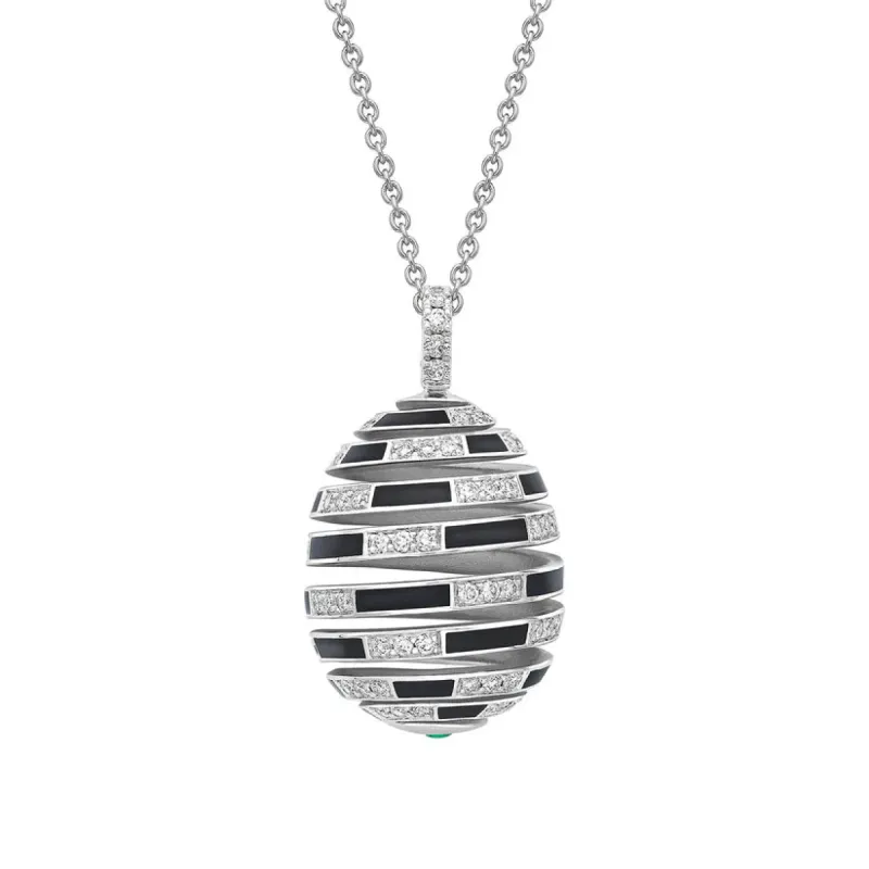 Faberge x Beetlejuice Beetlejuice 18ct White Gold Emerald Diamond & Black Enamel Spiral Pendant sold by Jura Watches