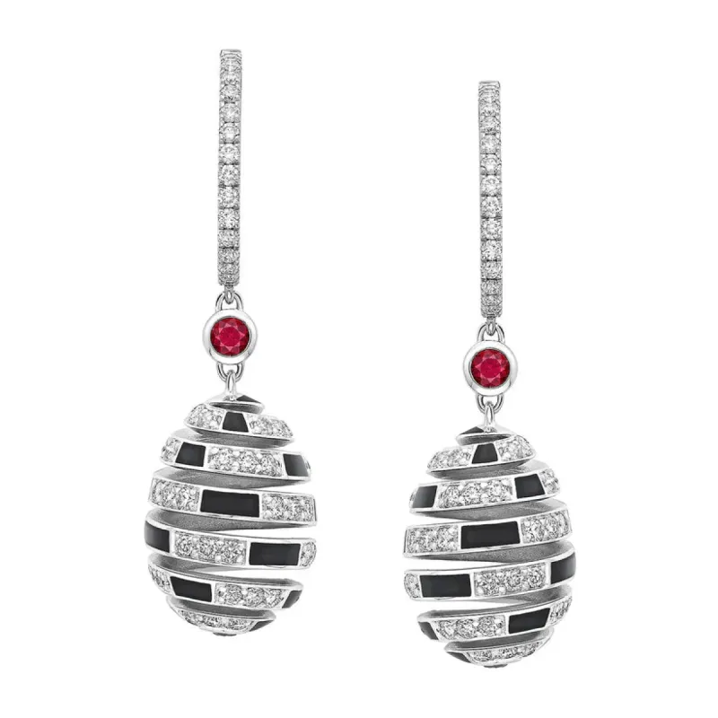 Faberge x Beetlejuice Beetlejuice 18ct White Gold Ruby & Black Enamel Spiral Earrings sold by Jura Watches