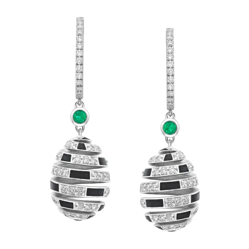 Faberge x Beetlejuice Beetlejuice 18ct White Gold Emerald & Black Enamel Spiral Earrings sold by Jura Watches