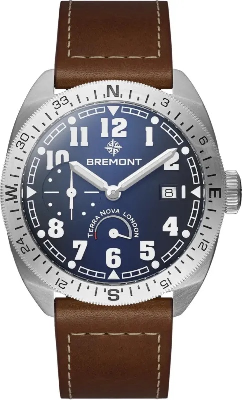 Bremont Terra Nova 40.5 Turning Bezel Power Reserve Blue Leather Watch sold by Jura Watches