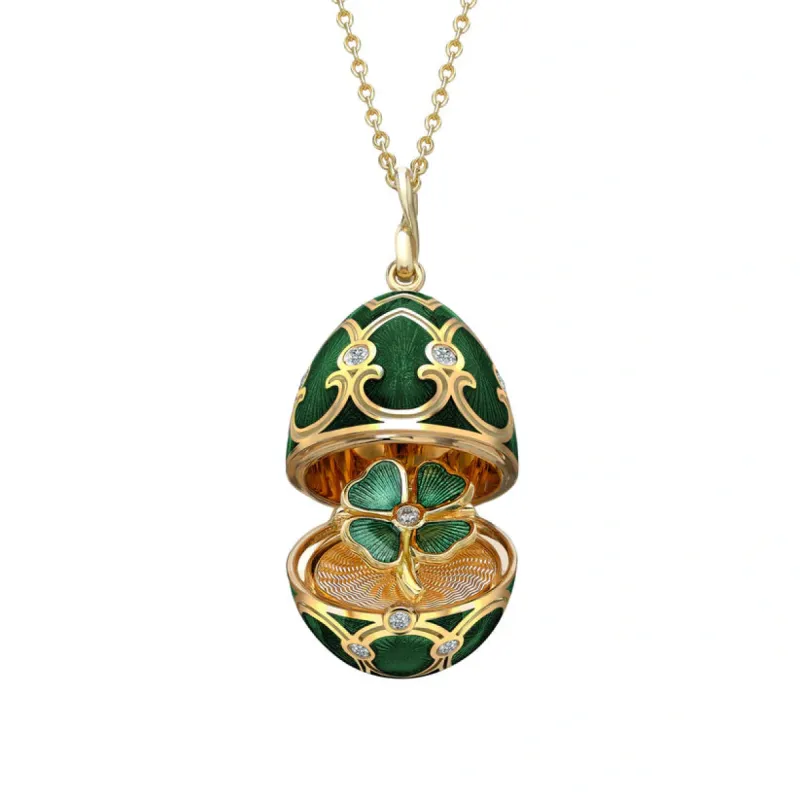Faberge Heritage Yellow Gold Diamond Green Guilloche Enamel Clover Surprise Locket sold by Jura Watches