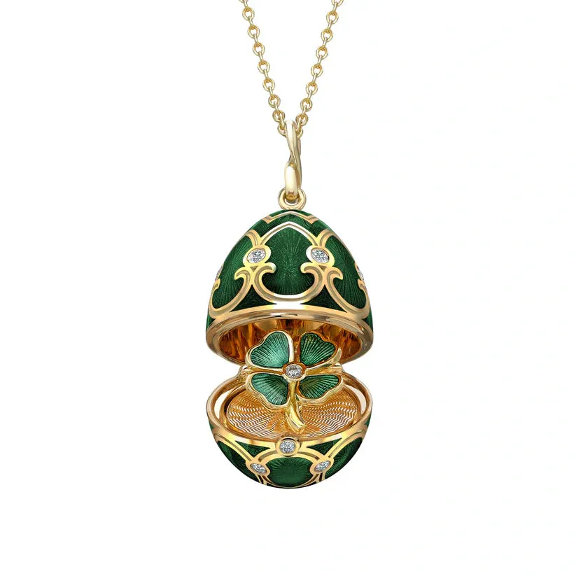 Faberge Heritage Yellow Gold Diamond Green Guilloche Enamel Clover Surprise Locket sold by Jura Watches