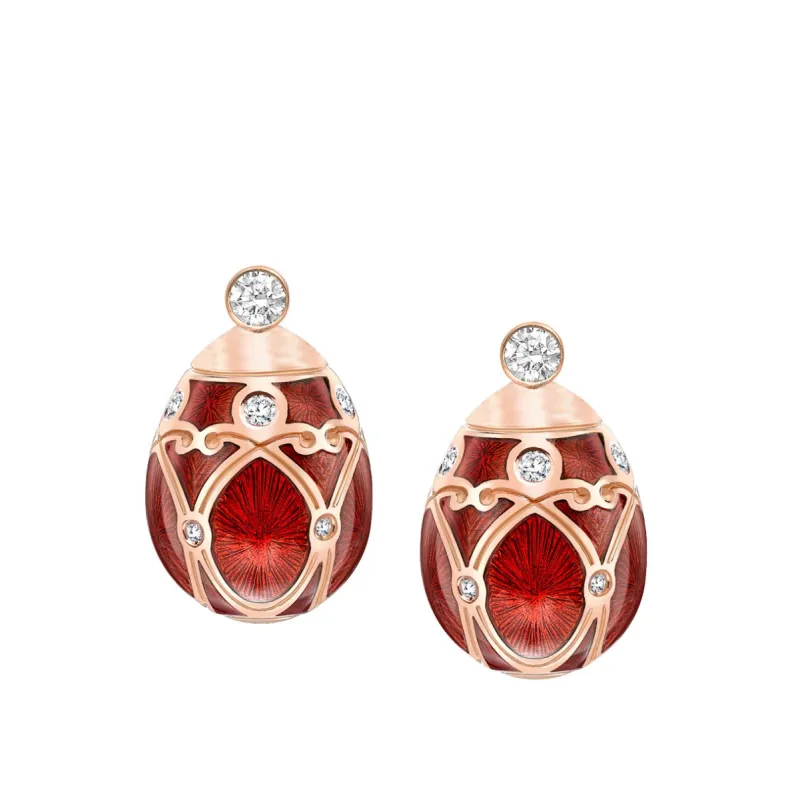 Faberge Heritage Rose Gold Diamond Red Guilloche Enamel Stud Earrings sold by Jura Watches