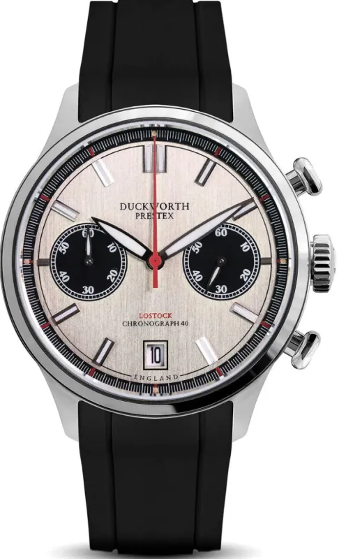 Duckworth Prestex Lostock Silver 40mm Quartz Chronograph Black Rubber Watch sold by Jura Watches
