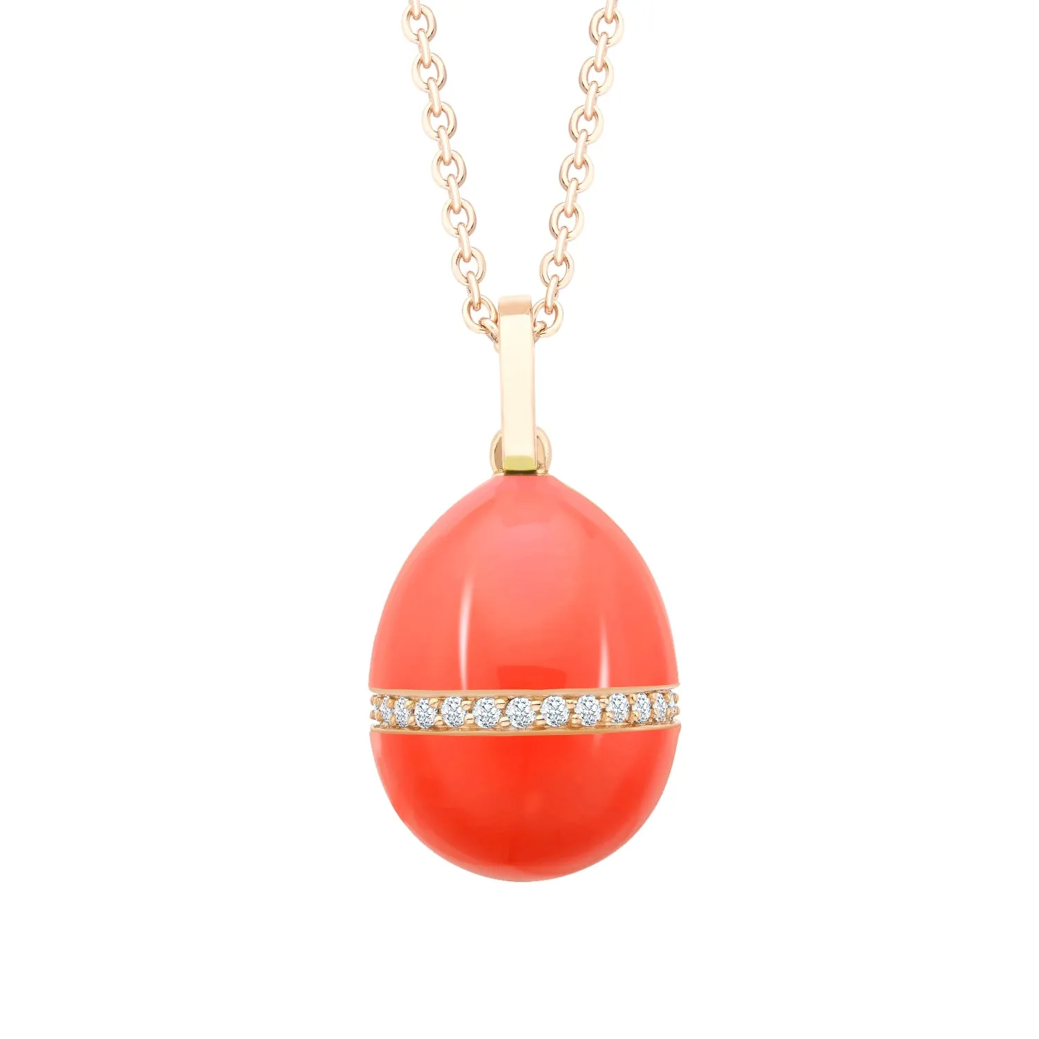 Faberge Essence 18ct Rose Gold Neon Orange Egg Pendant with Diamond Belt sold by Jura Watches