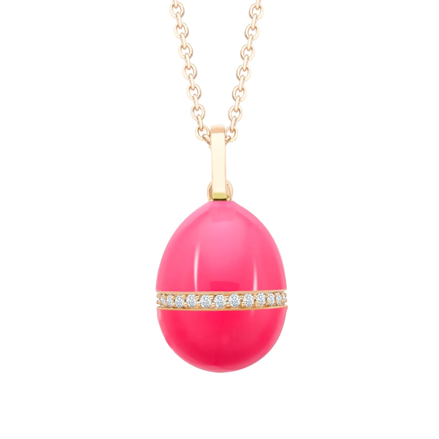 Faberge Essence 18ct Rose Gold Neon Pink Egg Pendant with Diamond Belt sold by Jura Watches