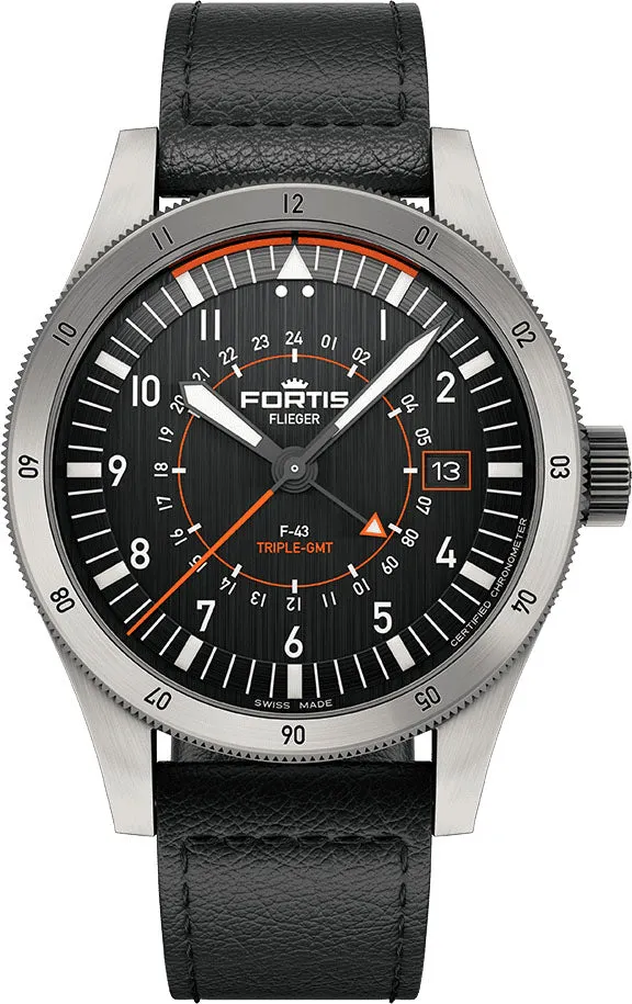 Fortis Flieger F-43 Triple-GMT Black Watch sold by Jura Watches