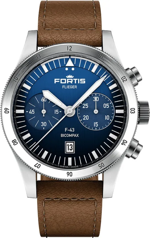 Fortis Flieger F-43 Bicompax Liberty Blue Watch sold by Jura Watches