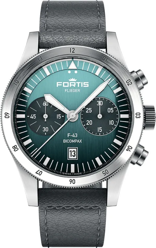 Fortis Flieger F-43 Bicompax Petrol Watch sold by Jura Watches