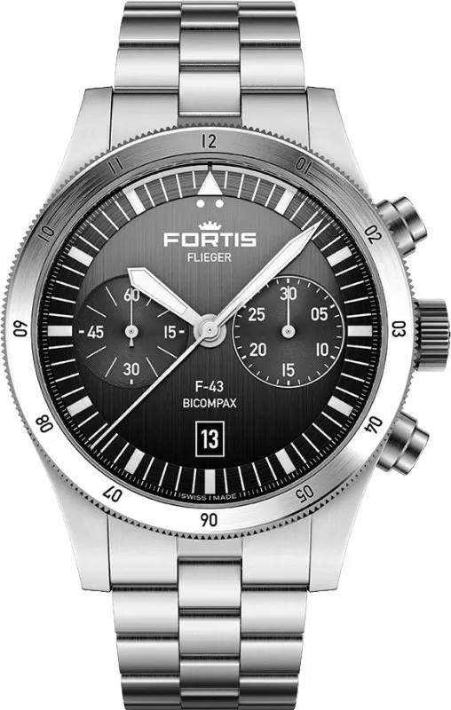 Fortis Flieger F-43 Bicompax Black Watch sold by Jura Watches