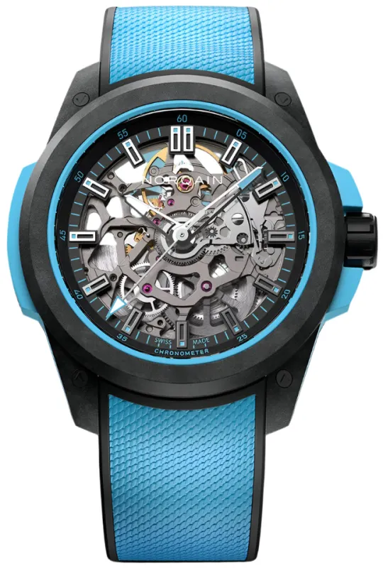 Norqain Wild One Skeleton 39mm Sky Blue Watch made by Jura Watches