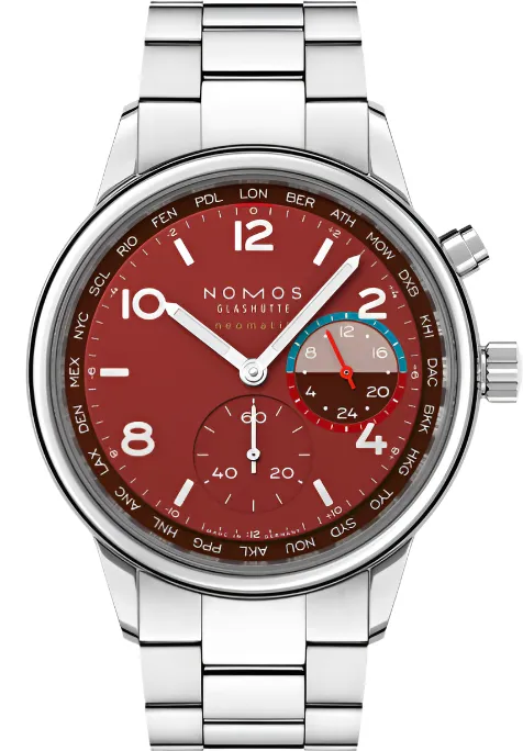 Nomos Glashutte Club Sport Neomatik Worldtimer Magma Sapphire Crystal Watch sold by Jura Watches