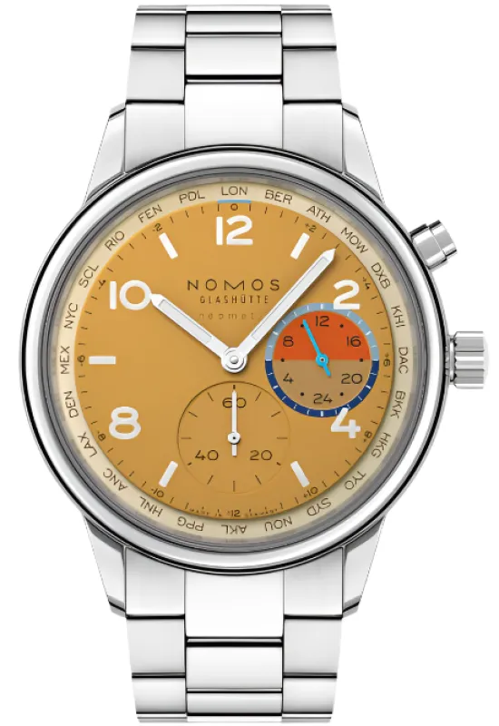 Nomos Glashutte Club Sport Neomatik Worldtimer Dune Sapphire Crystal Watch sold by Jura Watches