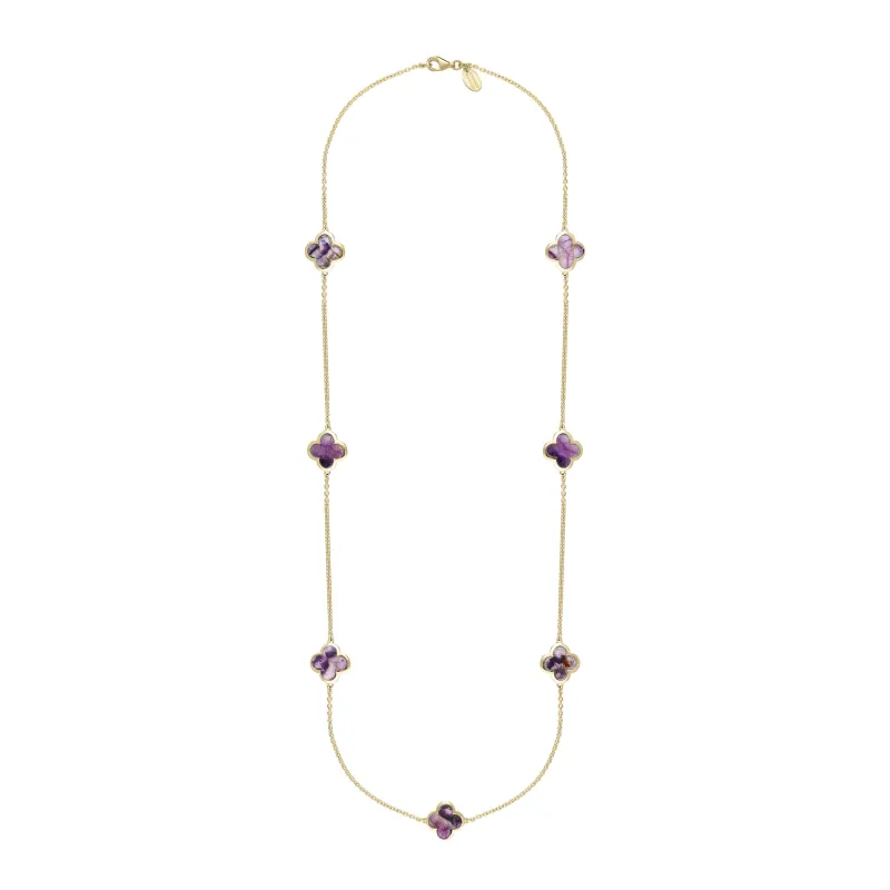 18ct Yellow Gold Blue John bloom Four Leaf Clover Long Necklace sold by Jura Watches