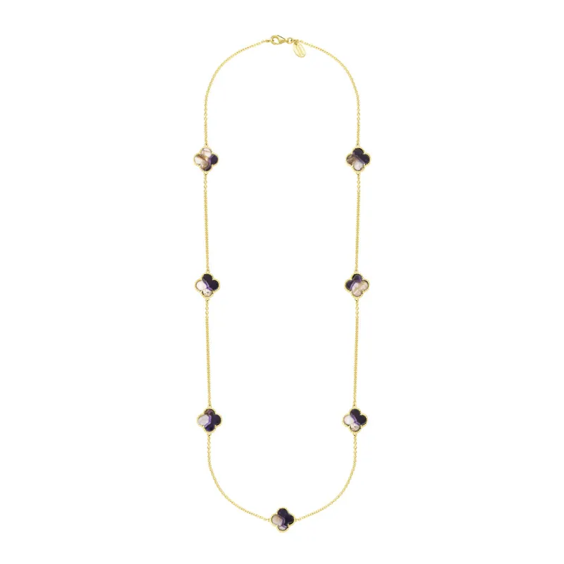 18ct Yellow Gold Blue John bloom Four Leaf Clover Ball Edge Long Necklace sold by Jura Watches