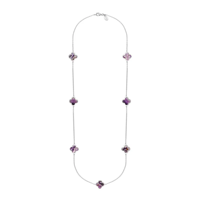 18ct White Gold Blue John bloom Four Leaf Clover Long Necklace sold by Jura Watches