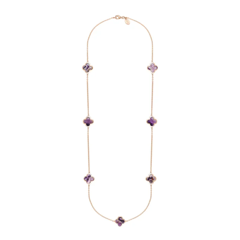 18ct Rose Gold Blue John bloom Four Leaf Clover Long Necklace sold by Jura Watches