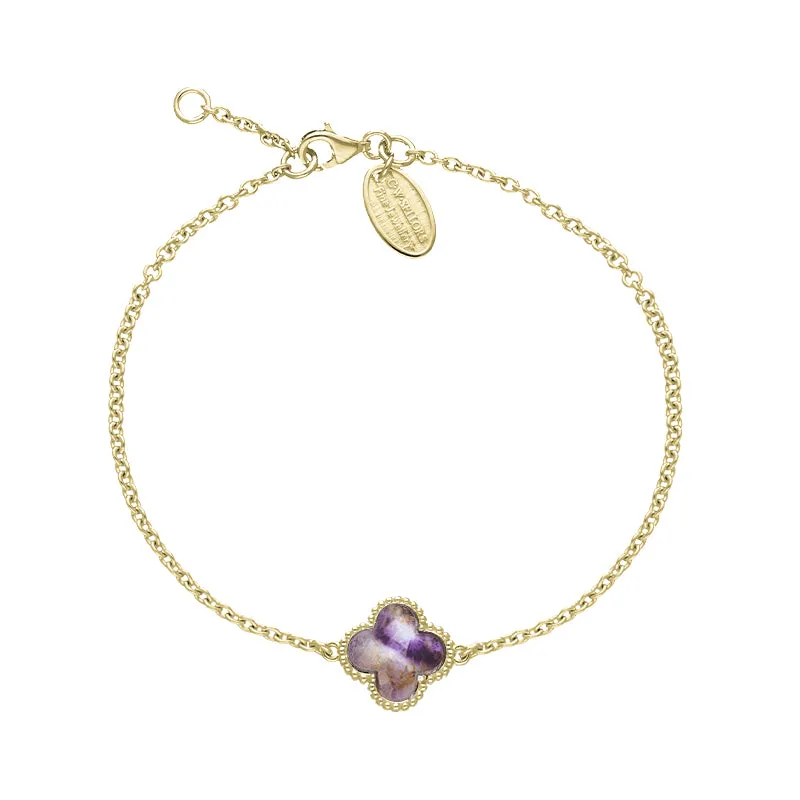 18ct Yellow Gold Blue John bloom Four Leaf Clover Ball Edge Chain Bracelet sold by Jura Watches