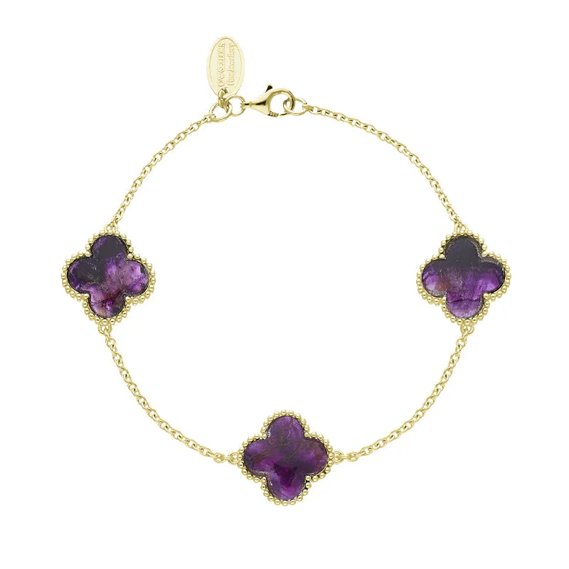 18ct Yellow Gold Blue John bloom Four Leaf Clover Ball Edge Chain Bracelet sold by Jura Watches